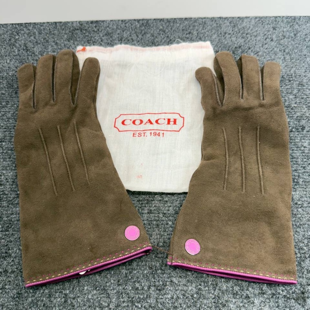 Coach Women's Suede Leather Gloves Brown 100% Cashmere Lined S 7.5 With Dust Bag